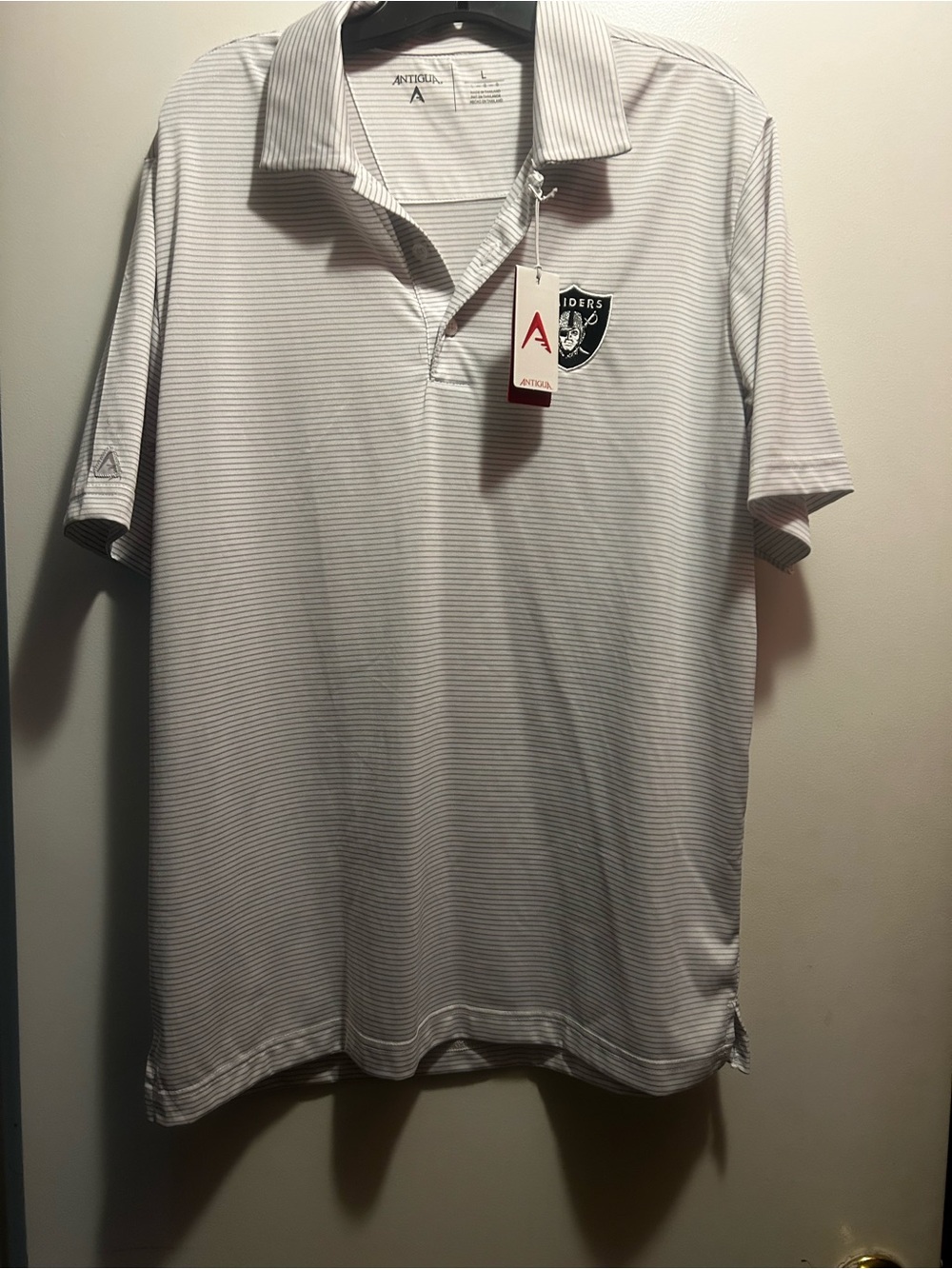 Antigua White and Light Gray Striped Raiders Polo